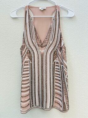 Storee Beaded Sequined Blush Pink V-Neck Racerback Sheer Tank Top Size XS